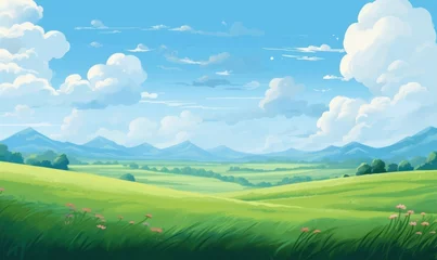 Gardinen Summer fields, hills landscape, green grass, blue sky with clouds, flat style cartoon painting illustration. Generative AI  © The Picture Show