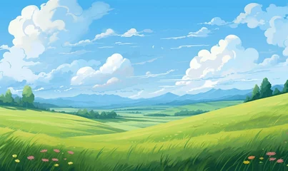 Poster Summer fields, hills landscape, green grass, blue sky with clouds, flat style cartoon painting illustration. Generative AI  © The Picture Show