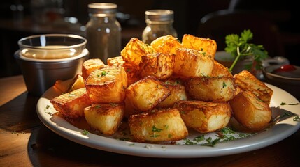 Crispy tater tots with savory salty spices with black and blur background