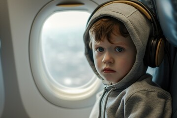 A little boy in a gray sweatshirt with headphones looks and sits next to the airplane window. Child on a plane