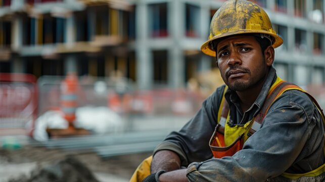 The saddened construction worker sits alone, with the construction site in the background. Construction worker is disheartened and unfortunately due to low wages