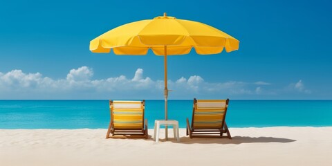 Yellow Umbrella with Beach Chairs on Tropical Beach Blue Sky Background. Generative AI 