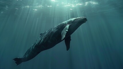 Naklejka premium beautiful blue whale swimming at the bottom of the ocean with sunlight penetrating into the water