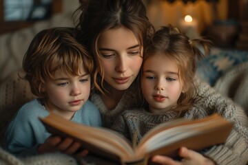 Concept world book day, Mother reads a book to two children. Generative AI.