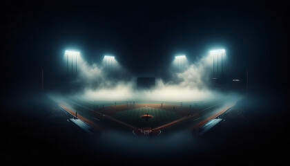 Baseball stadium light with fog, subtly obscured by the mist and illuminated by the stadium light - obrazy, fototapety, plakaty