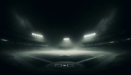 Baseball stadium light with fog, subtly obscured by the mist and illuminated by the stadium light