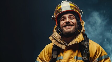 Picture of a smiling firefighter, standing tall in his fireproof gear, with room for additional text.