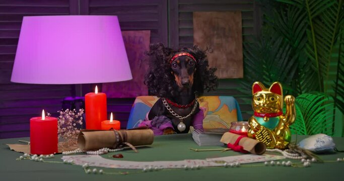 Themed setup featuring a dachshund dog in costume, surrounded by mystic paraphernalia and a golden cat statue, evoking a whimsical fortune teller vibe.