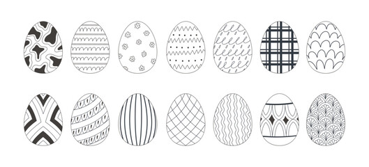 Easter eggs set doodle style. Happy easter hand drawn vector illustration isolated on white background. Holiday concept. Different designs and patterns of celebration eggs.
