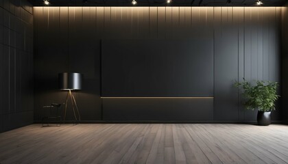 Contemporary minimalist interior design of a living room with black wall and empty space