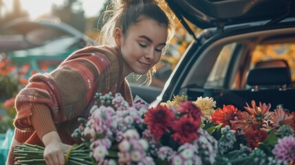 Happy woman loading flowers into back of car for delivery to flower shop.
