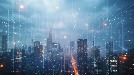 Connected Data City: Modern Urban Landscape with Virtual Network Lines