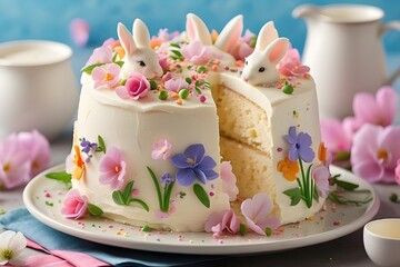 Obraz na płótnie Canvas Celebrate Easter with a twist on the classic tres leches cake, featuring a decadent blend of three milks and a whimsical design of spring flowers and bunnies.