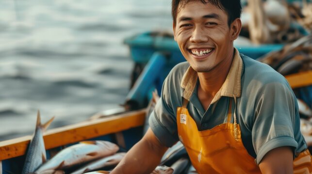 Happy fisherman portrait showcasing a successful day's catch aboard his boat.
