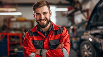 A happy and proud mechanic, adorned in a work uniform, poses in front of a modern car repair shop, symbolizing dedication to his craft. - obrazy, fototapety, plakaty