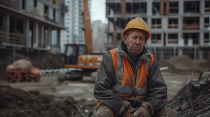 The saddened construction worker sits alone, with the construction site in the background. Construction worker is disheartened and unfortunately due to low wages