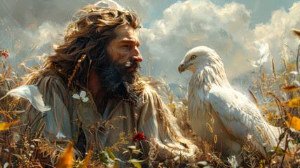Divine Presence: Jesus in Nature's Majesty - Pigeon, Lion, White Eagle Landscape