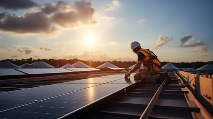 Technician Installing Solar Panels on a Roof - obrazy, fototapety, plakaty