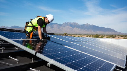 Technician Installing Solar Panels on a Roof