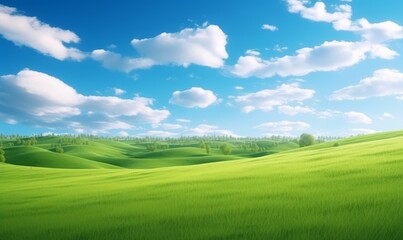 Fototapeta premium Green grass field on small hills and blue sky with clouds. Summer spring landscape background. Generative AI 