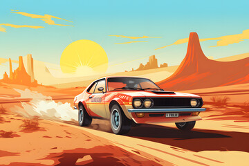 Fototapeta na wymiar Illustrated rallye car in the desert, desert rallye, desert race, driving in the desert