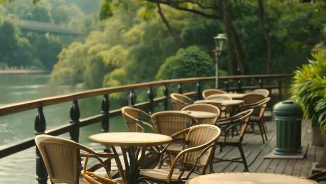 Empty tables and chairs on the riverside terrace at the hotel