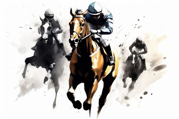 Racing horse with jockey. Equestrian sport. Illustration of ink paints. Generative AI 