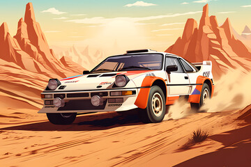Fototapeta na wymiar Illustrated rallye car in the desert, desert rallye, desert race, driving in the desert