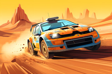 Obraz premium Illustrated rallye car in the desert, desert rallye, desert race, driving in the desert
