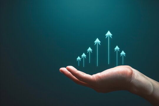 An open hand uplifting arrows of progress, embodying potential, growth, and the drive towards success in the corporate world.

