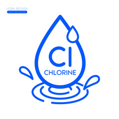 Minerals chlorine icon blue. Water drops splashing and waves isolated on white background. Symbol for use on advertising media. Form simple line for designing medical beauty products. Vector.