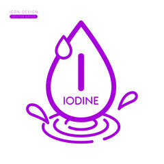 Minerals iodine icon purple. Water drops splashing and waves isolated on white background. Symbol for use on advertising media. Form simple line for designing medical beauty products. Vector.