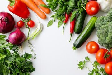 Assortment of fresh organic vegetables on a white background Healthy eating concept