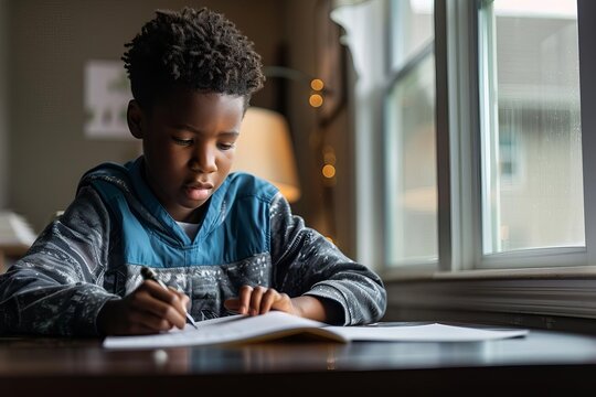 African american schoolboy concentrating on homework Sitting at a desk in a well-lit room Embodying dedication and the importance of education - Powered by Adobe