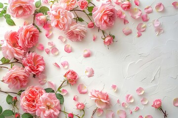 Delicate web banner featuring an array of fresh pink rose blossoms and scattered petals Creating a romantic and soft floral frame on a white surface.