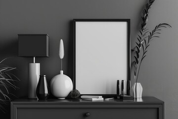 Elegant grey room with a sophisticated drawer and decorative items Featuring a mockup frame for art or photo displays Showcasing modern simplicity