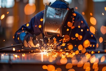 Focused welder working on a metal project Surrounded by sparks and bokeh Highlighting the skill and precision of the trade