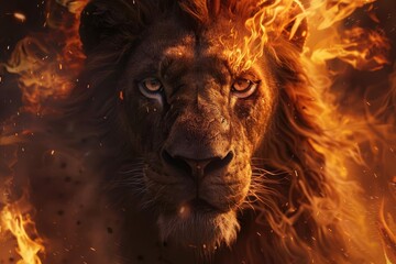 Naklejka premium Majestic portrait of a lion with flames for a mane Embodying strength Power And the fiery spirit of the animal kingdom