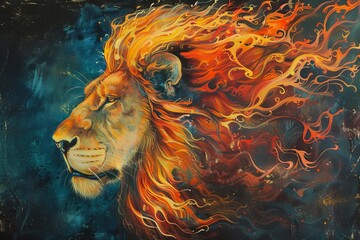 Majestic portrait of a lion with flames for a mane Embodying strength Power And the fiery spirit of the animal kingdom. - obrazy, fototapety, plakaty