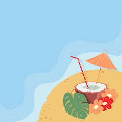 Half coconut, cocktail straw and umbrella inside with flowers and monstera leaves on the sea beach