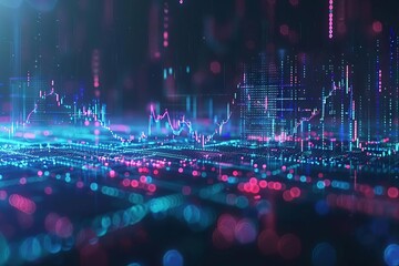 Panoramic abstract backdrop illustrating the dynamic nature of stock market trends With digital graphs and financial indicators weaving through the scene. - obrazy, fototapety, plakaty