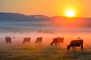 Fototapeta na wymiar Panoramic view of a peaceful countryside morning Cows grazing in the misty meadow at sunrise