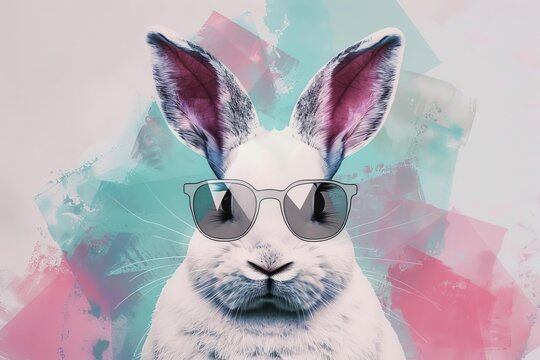 Modern digital art White rabbit with geometric sunglasses Minimalist background