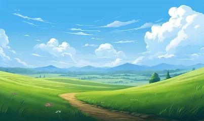 Tuinposter Summer fields, hills landscape, green grass, blue sky with clouds, flat style cartoon painting illustration. Generative AI  © The Picture Show