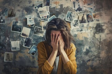 Woman in despair Overwhelmed by life's pressures Concept of mental health and coping - obrazy, fototapety, plakaty