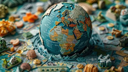 Representing the global economy, a paper-cut globe is surrounded by stock market symbols and currencies.