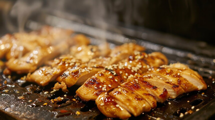 Thick slices of marinated chicken are caramelized to perfection on the teppanyaki grill releasing a mouthwatering aroma of teriyaki and sesame.