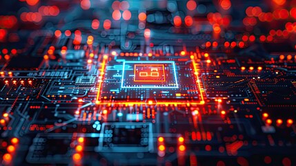 Macro view of an integrated circuit chip with glowing security features. - obrazy, fototapety, plakaty