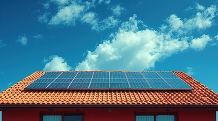 Solar panel on a red roof reflecting the sun and the cloudless blue sky