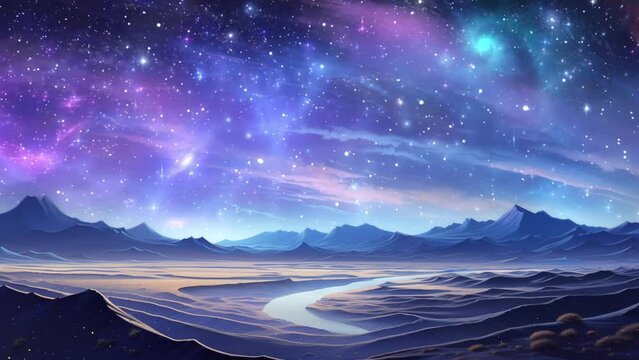 starlit desert dunes at night with sand grain. beautiful sky scene. seamless looping overlay 4k virtual video animation background 
